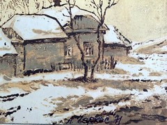 Watercolor Sepia Painting Winter Houses Cherkas Original Wall Hanging n1283