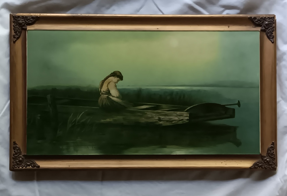 Heinrich Vosberg Oil Painting on Glass Alone and Forsaken Lady Boat Gilt Frame