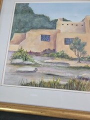 Water Color Pueblo Scene Still Life Painting By Vivian Frame And Matted