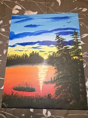 11 x 14 Acrylic Amateur Wilderness painting blue orange Sunset Lake Trees