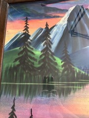 Vintage Black Velvet Painting Signed MCM Cross Mountains Lake Trees Framed Glows