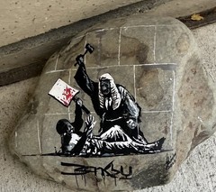 Banksy Free Speech“ Removed! Hand Painted On a Large Rock” Approx 8” X 7” X 3 .5