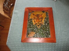 Antique Wood Framed 3D TIGER CRAWLING THROUGH A BUSH Art PAINTING – 14″ x 17.5″
