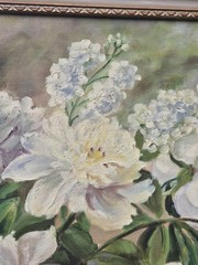 Vintage Oil Painting Floral Roses Signed Large 33.75 X 27.5 White Pink Green