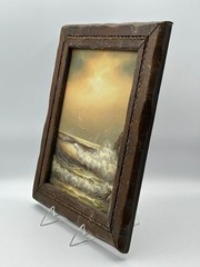 Antique Oil Seascape Painting Signed C. Rownay in Rustic Rope Wood Frame 12.5×10