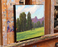 Jeff Love Art 8X10″ Original Oil Painting Cows Field Meadow Mountains Landscape