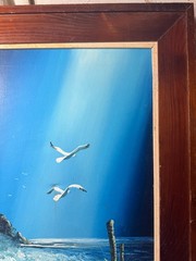 Large Philip Sadee „Seaside With Lighthouse Gulls“ Oil Painting – Signed/Framed
