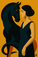 art 403 original painting 17.7×11.8 in (45×30 cm) oil canvas woman black horse