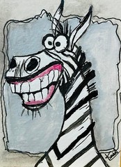 ACEO Original Whimsical Zebra Portrait Acrylic Painting Cartoon Animal Art OOAK