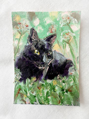Black Cat 3 Original Miniature Oil Painting by R.Machan 2.5″x3.5″ Animal Art ATC
