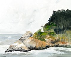 8×10 PNW Original Oil Painting Haceta Head Lighthouse Oregon Coast Ocean Signed