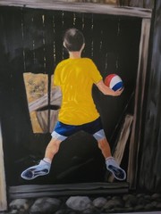 Original Sports Painting Boy With Basketball Hoop Signed By Artist