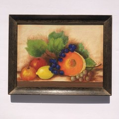 Framed still-life oil painting on canvas board of fruit, signed „Hanson“ 9″x12″