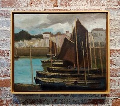 George Elmer Browne- Sail Boats at the Marina -Oil painting