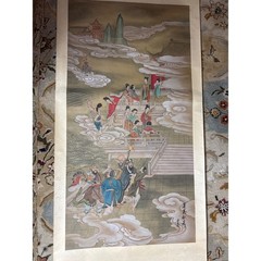 Vintage Chinese Silk Scroll Painting Eight Immortals Heavenly Scene 82 Inch