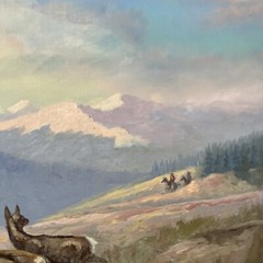 Original Oil On Canvas Painting Of 4 Elk Running From Hunters By Bill Chappell