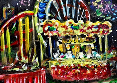 ORIGINAL ACEO Painting CARNIVAL Fair Amusement Park Fireworks Rides Fun ATC ART