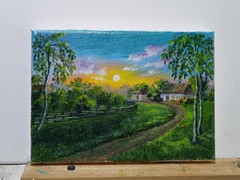 Art 5″/7″ oil Painting, Stretched Canvas, Sunset, Landscape