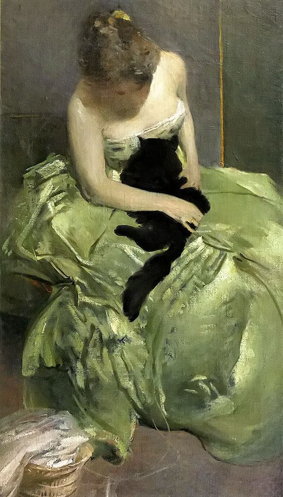 Ｏｉｌ　ｐａｉｎｔｉｎｇ john white alexander – the green dress young girl with black cat