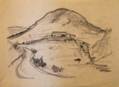 Franz Ehmke *1928-2018 GDR Painter Black-White Drawing Mountain with Path Italy