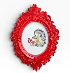 Hedgehog mini watercolor print of original painting • vintage ornate frame