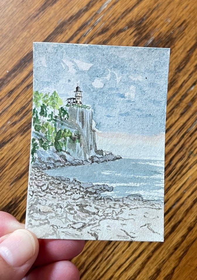 ACEO by SEAsbillART lighthouse storm rocks trees Great Lakes Superior Split Rock