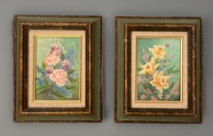 VTG 1960’s Still Life Floral Oil Paintings in Green Gold Frames 11” X 9” Set