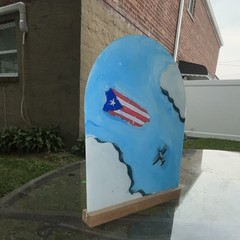 Puerto Rico Flag & Airplane Folk Art Painting, Sky Clouds, Patriotic Aviation