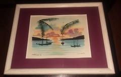 VTG DRANSART „MARTINIQUE“ ORIGINAL WATERCOLOR HARBOR BOATS SUNSET PAINTING ’90