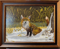 Winter Fox in snow painting on canvas board framed 12″ x 9″ Ruby Shneider