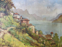 ::OIL PAINTING °ITALY LAKE GARDA SHORE SOUTHERN COAST SWITZERLAND HOUSES FRAME ANTIQUE OIL