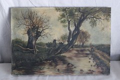 ANTIQUE FOLK ART OIL PAINTING VILLAGE BRIDGE RIVER SNOW WINTER LANDSCAPE PEOPLE