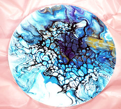 Abstract Acrylic Painting Bloom 6″ Round MDF Board Aqua Blue Purple Gold