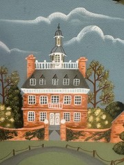 VINTAGE AMERICANA FOLK ART PAINTING VICTORIAN MANSION PINE CONE APPLE GRAPES ART