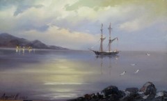 CALM SEASCAPE OIL CANVAS PAINTING RUSSIAN SIGNED LISTED ARTIST NAUTICAL OCEAN