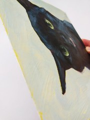Black Cat Portrait with Green Eyes Oil Painting 8×8 inches