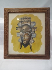 MCM Framed Watercolor Of African Mask By Peters