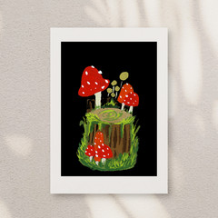 OOAK Original PRINT of ORIGINAL PAINTING Toadstool on Stump 5×7