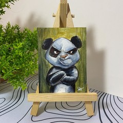ACEO Acrylic Painting Grumpy Panda Character Cute Funny Cartoon Animal Art
