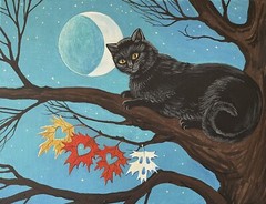 ACEO PRINT OF PAINTING RYTA HALLOWEEN BLACK CAT WITCH AUTUMN FOLK ART Salem 🍁