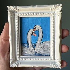 Swan,love,couple Bird,cute,original,miniature Painting,small,mini,framed