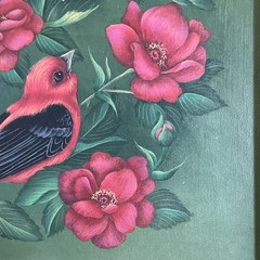 VTG Original Acrylic Art Painting Red Birds & Flowers signed Karen Hubbard