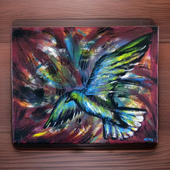 Abstract Bird Painting Expressive Wings in Flight Acrylic on Canvas Blue Green