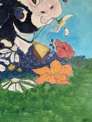 Vintage Oil Painting Cow Flowers Animal Portrait Cartoon Style Nursery Children
