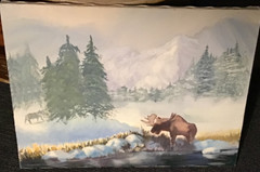 Original Vintage Art~Wildlife Canvas Acrylic Painting Wolf Hunting Bull Moose