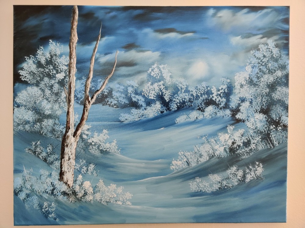 Winter Moon Snowy Night Landscape Original Oil Painting Trees Moonlight