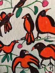 ACEO watercolor art by PJ, art card 2.5 x 3.5: orange bird family.