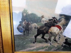 Antique Gorgeous Litho Taming Horses after Sicard Ornate Frame Wood Plaster