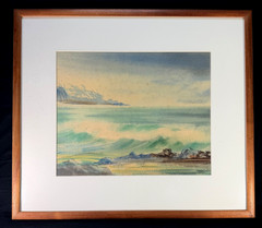 Vintage Hawaiian Coastal Watercolor Painting in Koa Frame unsigned
