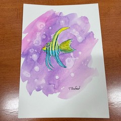 Hand painted watercolor original painting angel fish 10×7”